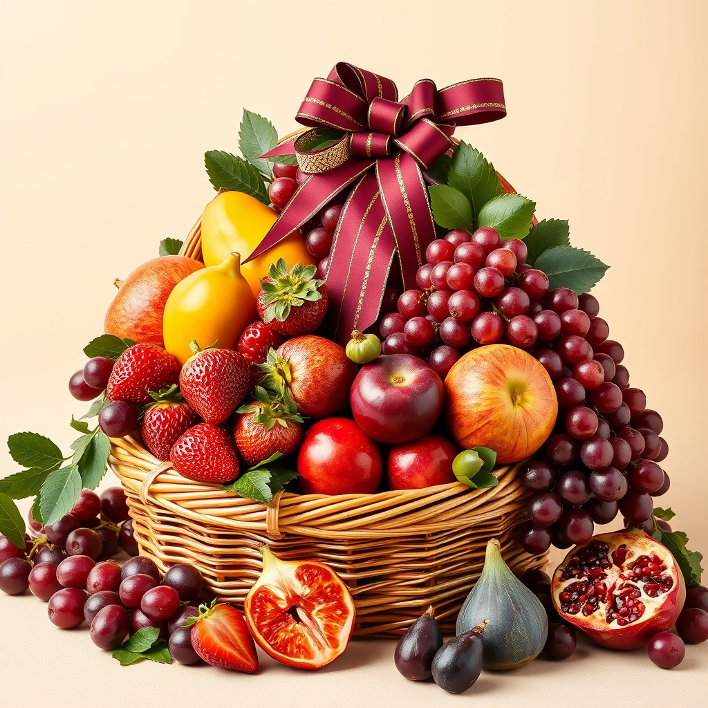 A fresh fruit basket arranged and wrapped as a gift