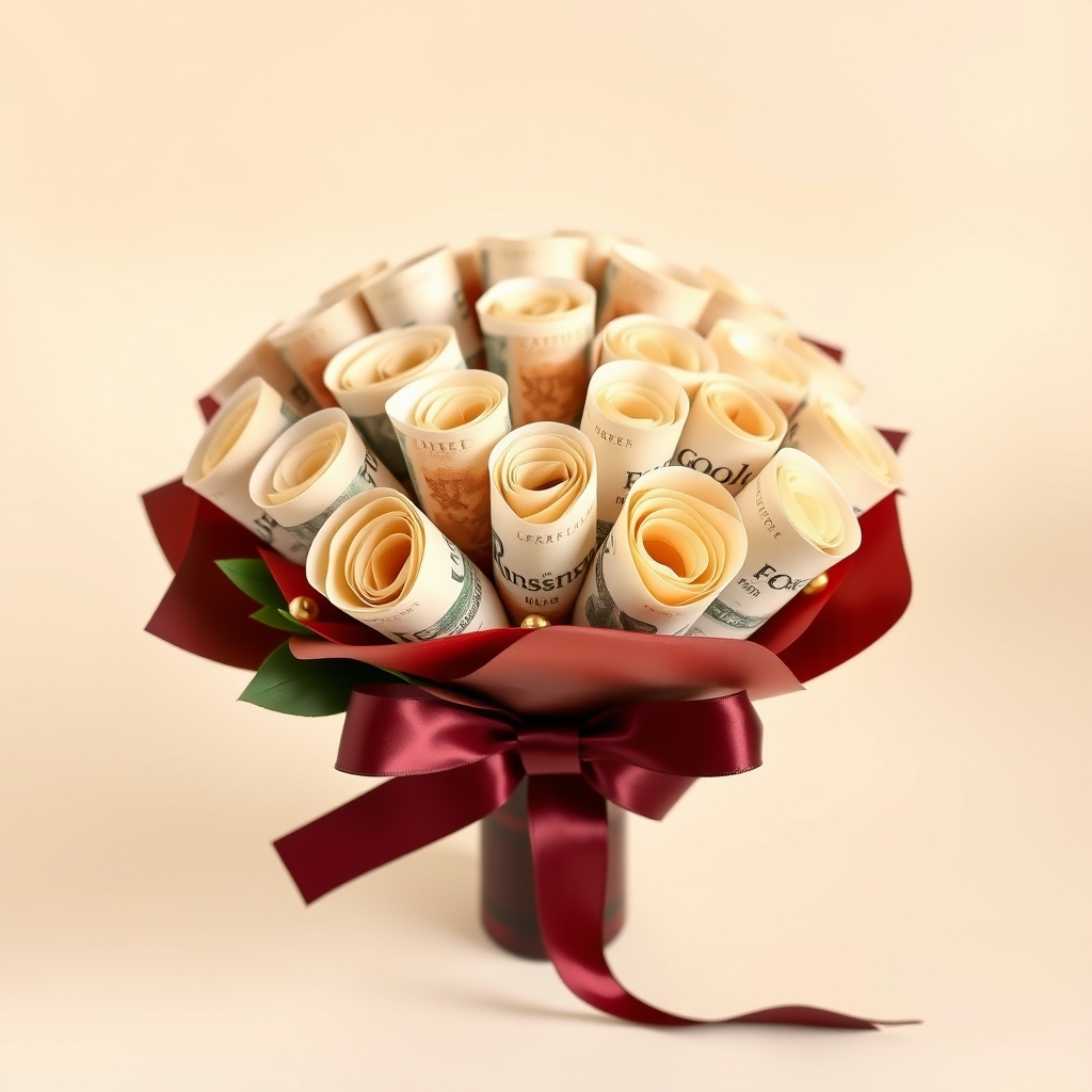 A money bouquet arranged with folded bills