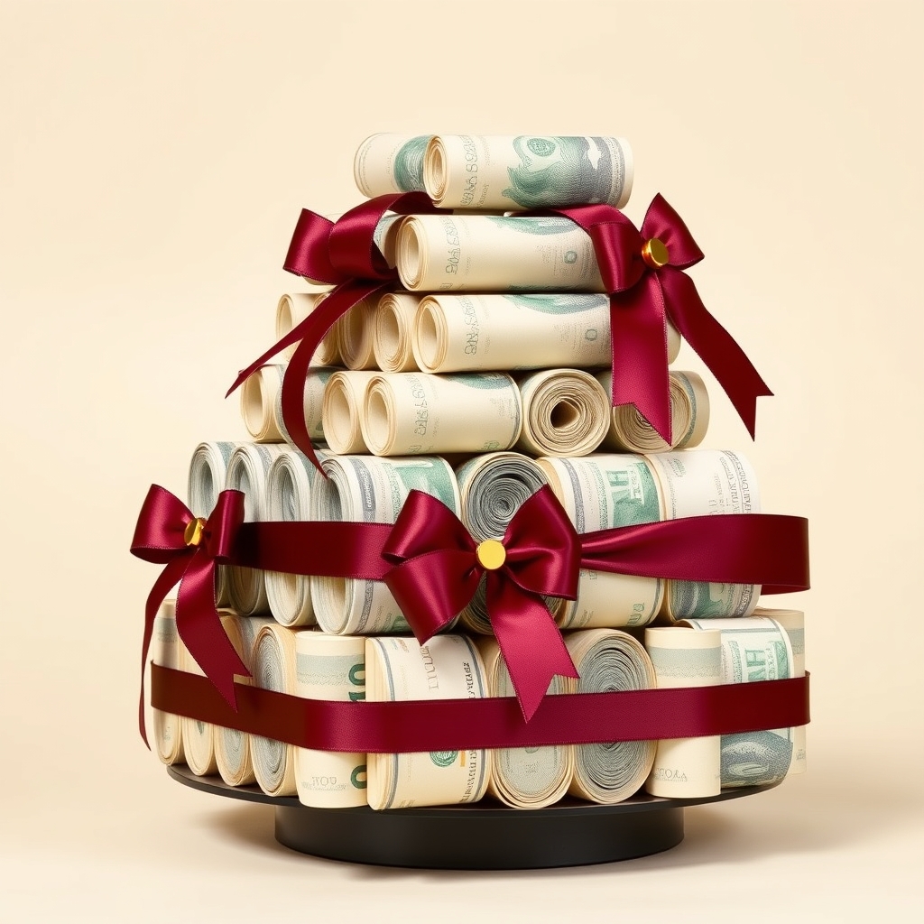A money tower centerpiece built from rolled bills